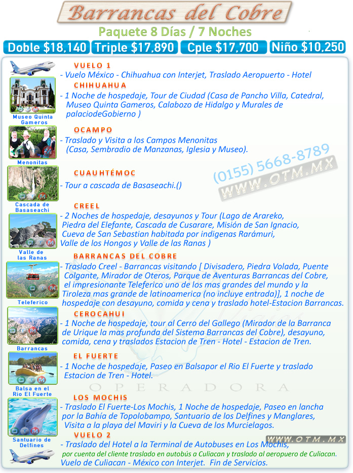 promocion grupal paquete economico menonitas chihuahua Cuauhtemoc ocampo creel barrancas del cobre cerocahui el fuerte los mochis tren chepe